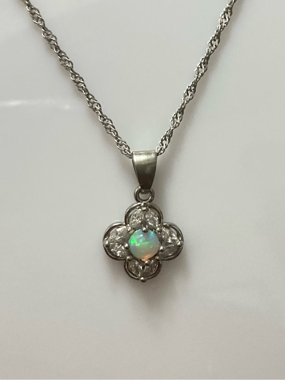 Opal Clover Pendant Necklace - White/Silver